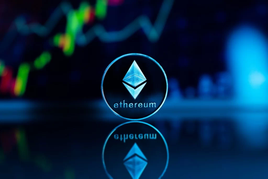 Ethereum logo with a bluish black background